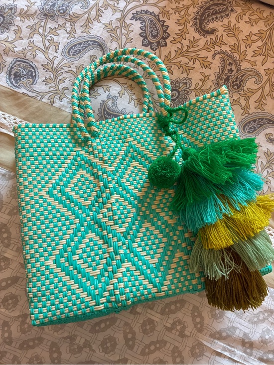 Handbags - Handwoven Green & Cream Tote Bag with Tassel Charm